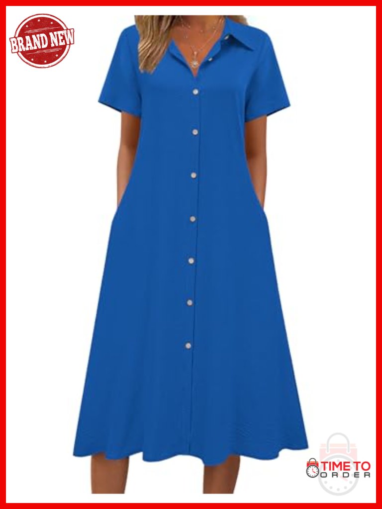 A-Line Midi Shirt Dress Button Front Short Sleeve Sundress Travel Beach Cover Up